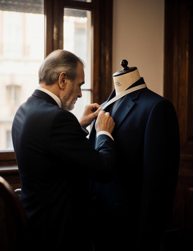 Sarto che lavora su un abito bespoke su un manichino